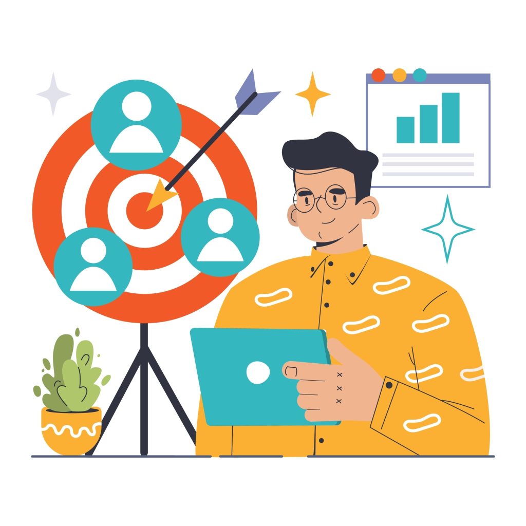 Flat illustration of a marketer with a clipboard beside a target, arrows and charts
