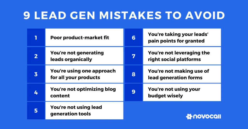 Graphic listing nine lead generation mistakes to avoid