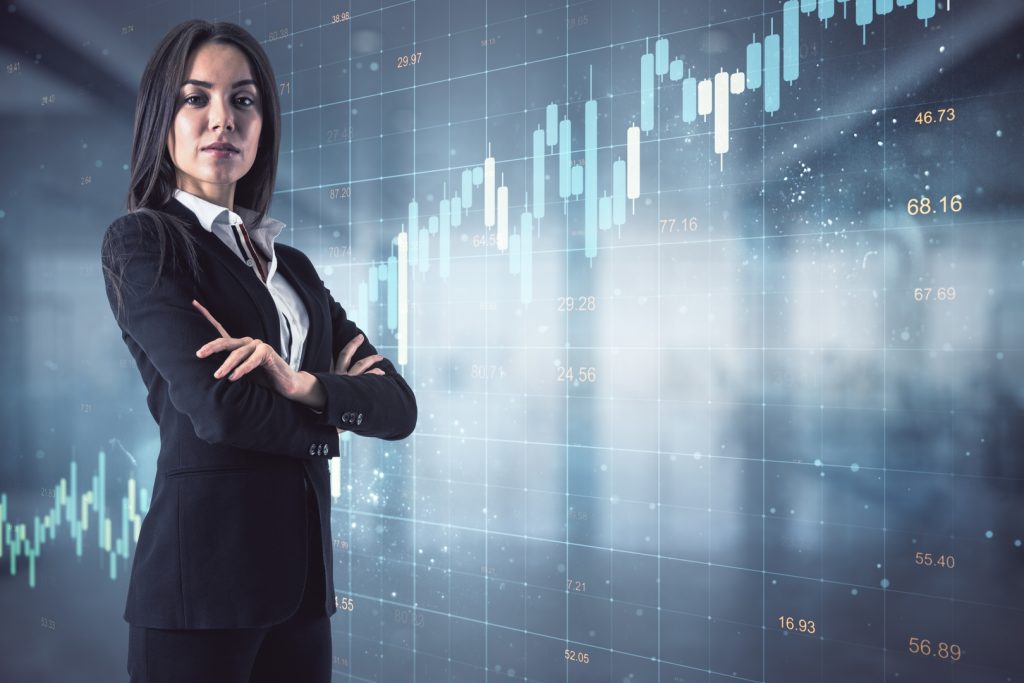 A woman standing in a futuristic, business-like environment, comparing a landing page and a website on digital screens.