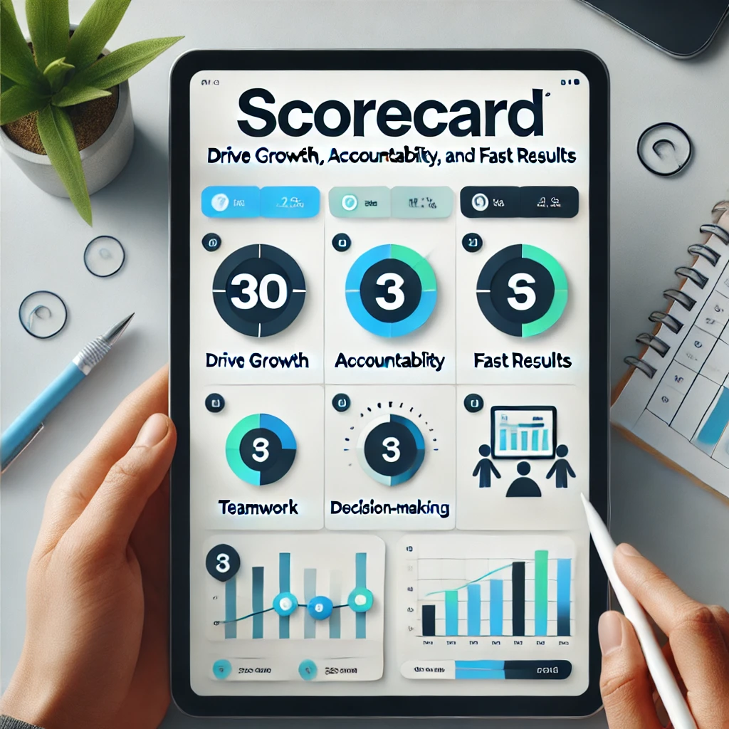 Illustration of a marketing scorecard on a tablet, scoring growth, accountability and results