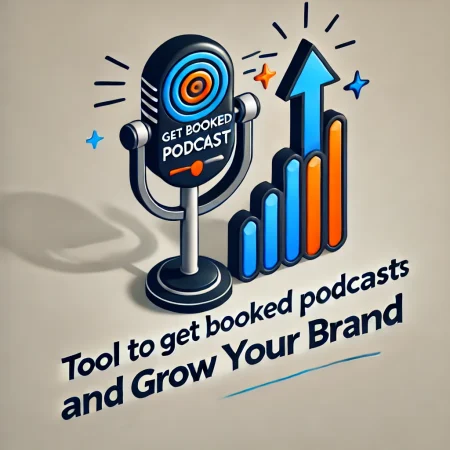 Illustration of a microphone beside a rising bar chart, captioned Tool to get booked podcasts and grow your brand