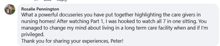 Screenshot of a viewer comment praising the People Worth Caring About docuseries