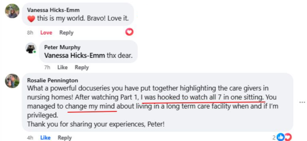 Screenshot of Facebook comments praising the People Worth Caring About docuseries