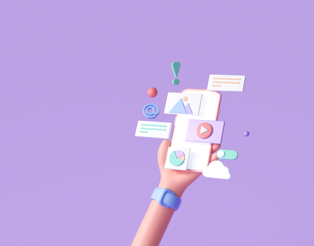 Illustration of a hand holding digital marketing content cards