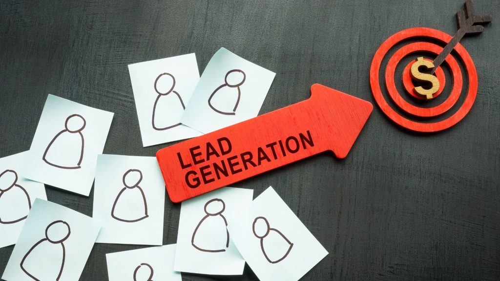 A lead generation graphic showing a dart hitting a target among people icons