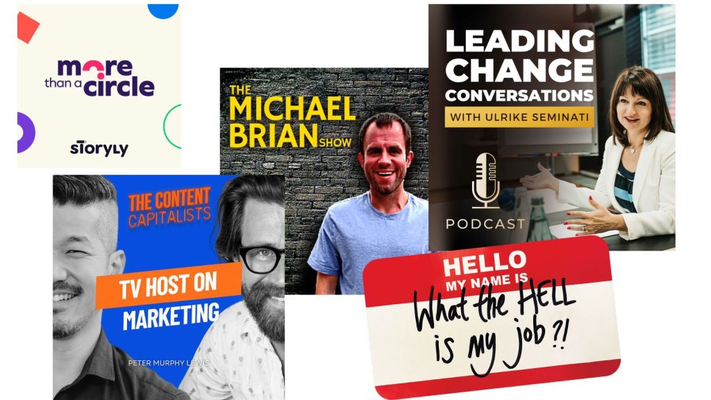 A collage of podcast cover artwork from guest appearances