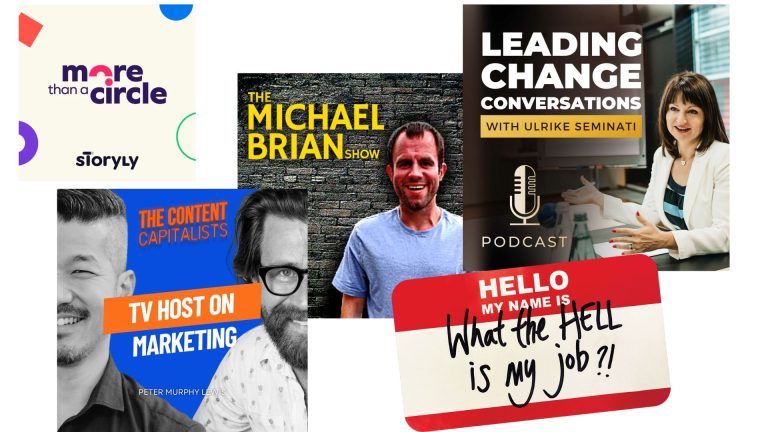 A collage of podcast cover artwork from guest appearances