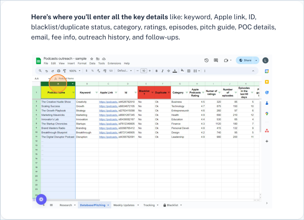 Screenshot of the podcast outreach spreadsheet showing where to enter pitch details