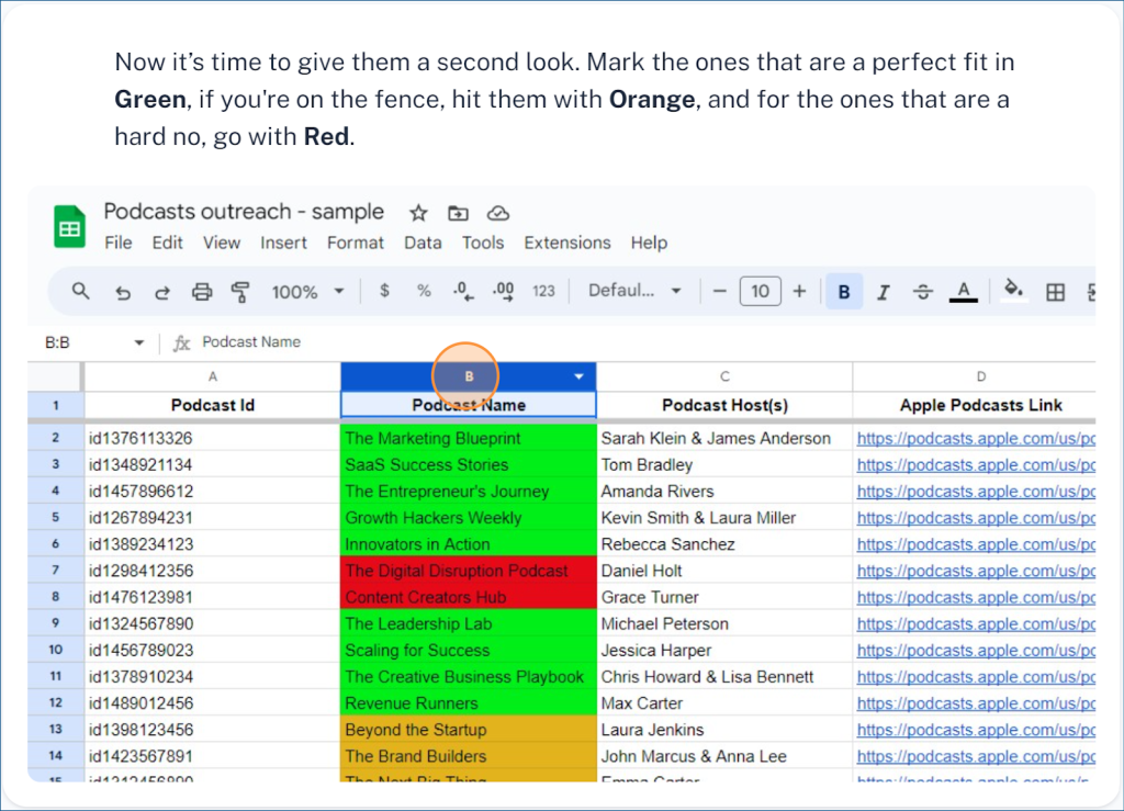 Screenshot of a podcast shortlist colour-coded by fit