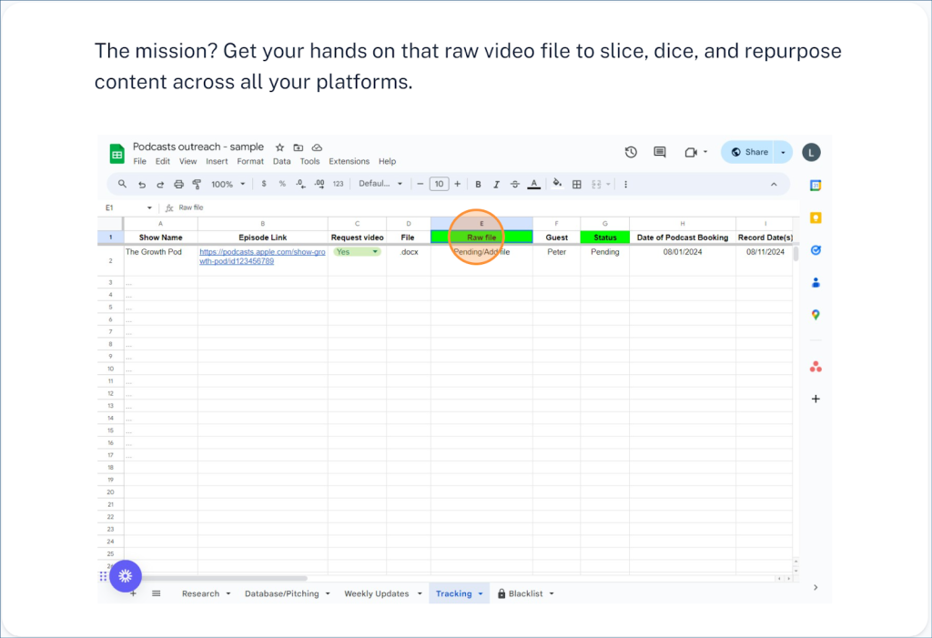 Screenshot of the podcast outreach spreadsheet's pitching tab
