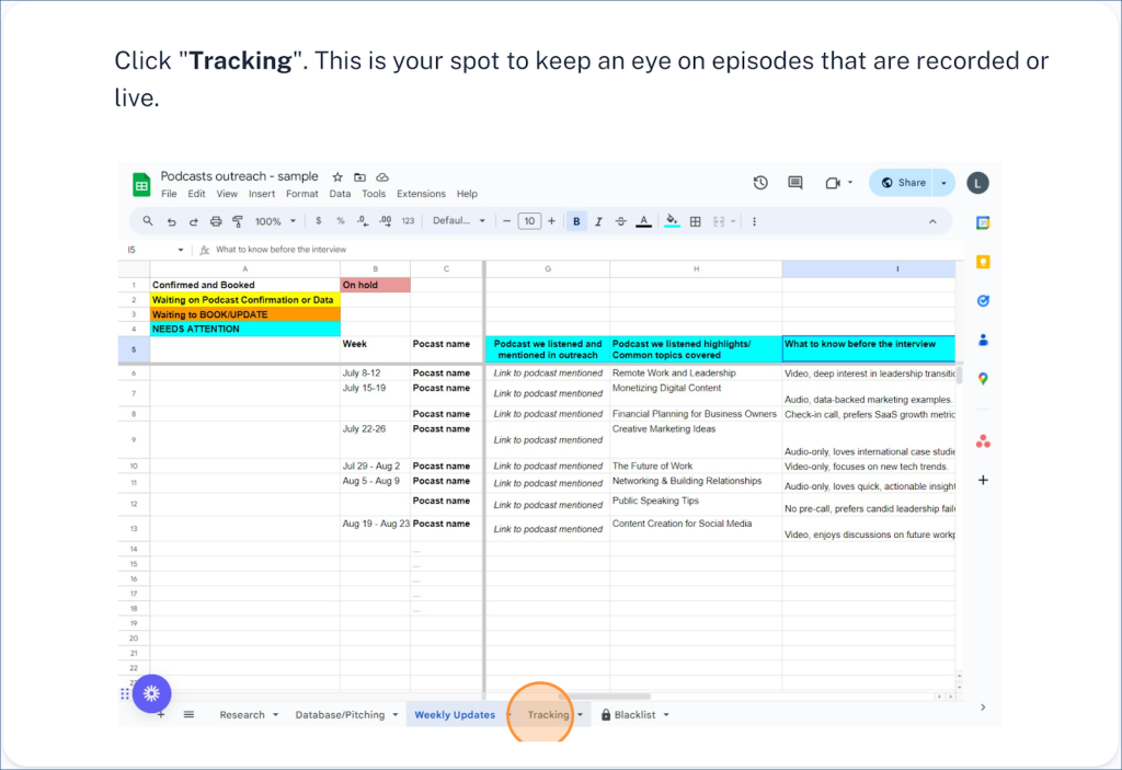 Screenshot of the podcast outreach spreadsheet's tracking tab