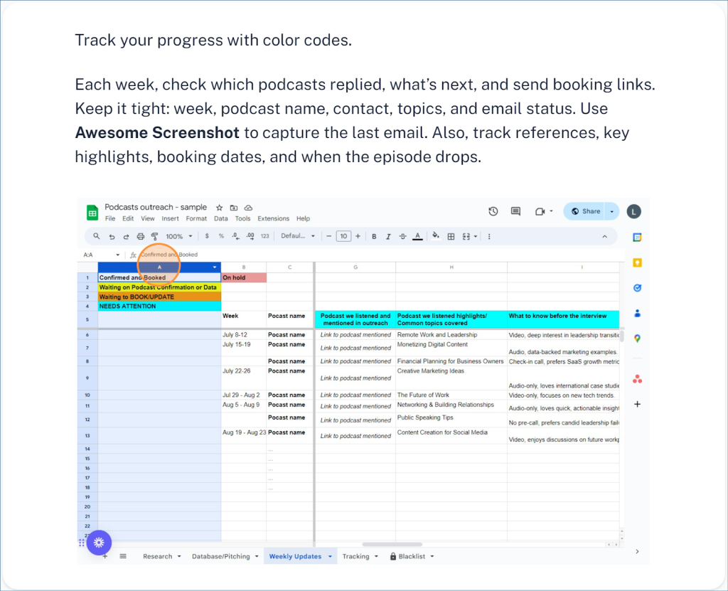 Screenshot of the podcast outreach spreadsheet's weekly updates tab