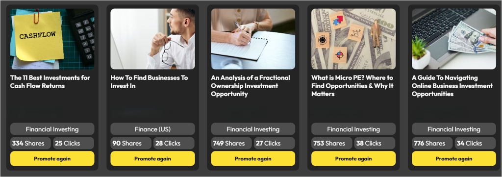 Sponsored content cards on financial investing topics, each showing its share and click counts