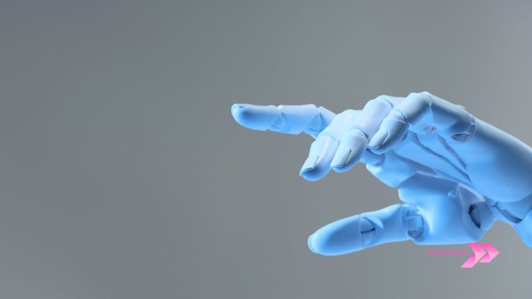 A gloved robotic hand pointing, illustrating AI in marketing