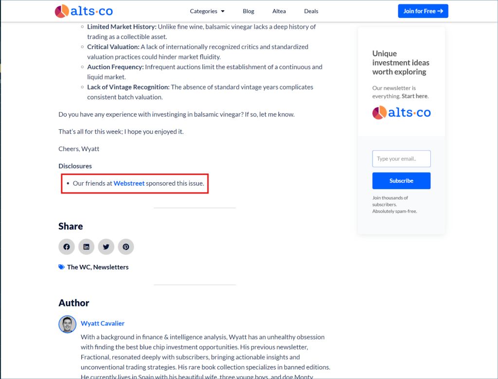 alts.co newsletter placement carrying the client sponsored disclosure