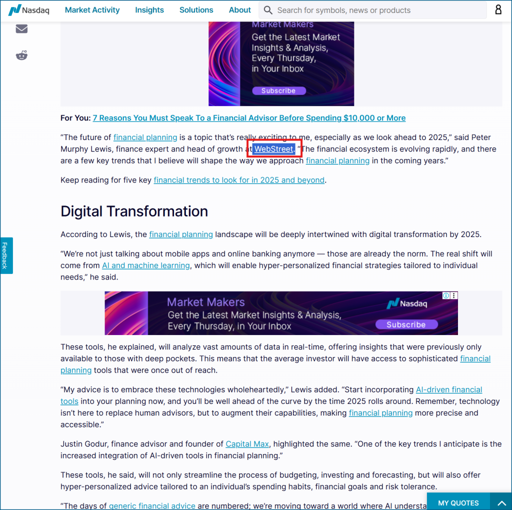 Nasdaq article quoting Peter Murphy Lewis on digital transformation in financial planning