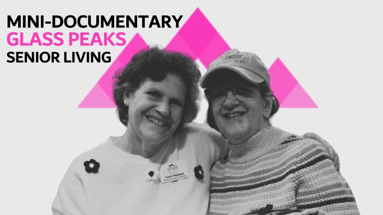 Title card for the Glass Peaks Senior Living mini-documentary showing two smiling residents