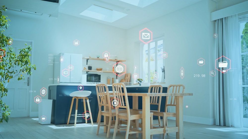 Home kitchen with digital marketing icons floating in the air—symbolizing how to marketing architectural services using tech tools like email, SEO, data analytics, and smart outreach.