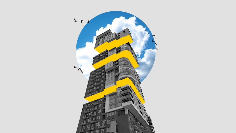 Modern architectural building with bold yellow design elements and a surreal sky backdrop, symbolizing innovative branding and digital marketing for architects.