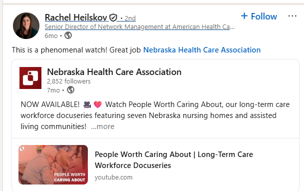Screenshot of a LinkedIn post by Rachel Heilskov about the People Worth Caring About docuseries