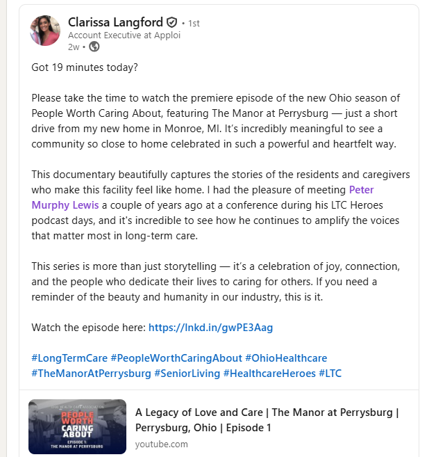Screenshot of a LinkedIn post by Clarissa Langford about the Ohio season premiere