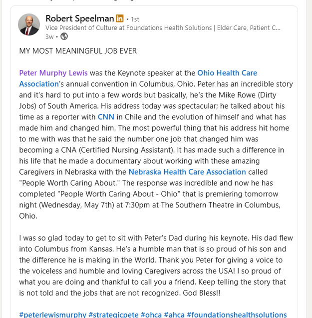 Screenshot of a LinkedIn post by Robert Speelman about Peter Murphy Lewis's keynote