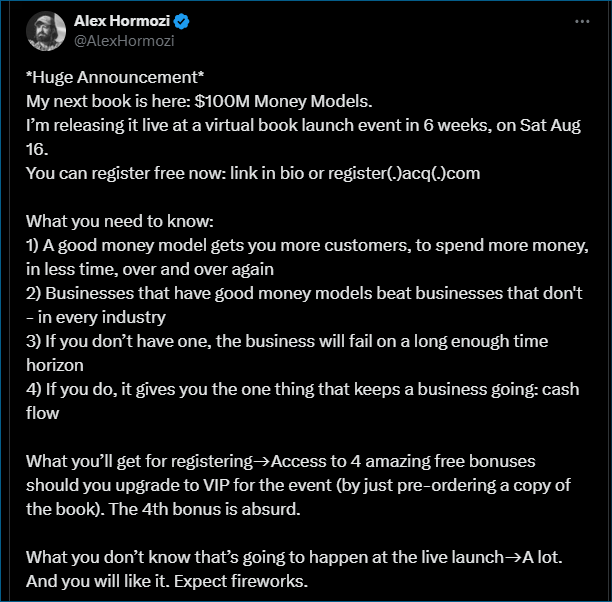 Alex Hormozi announcement post for the $100M Money Models virtual book launch