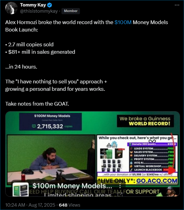 Social post reporting that Alex Hormozi broke a book-launch sales record with $100M Money Models