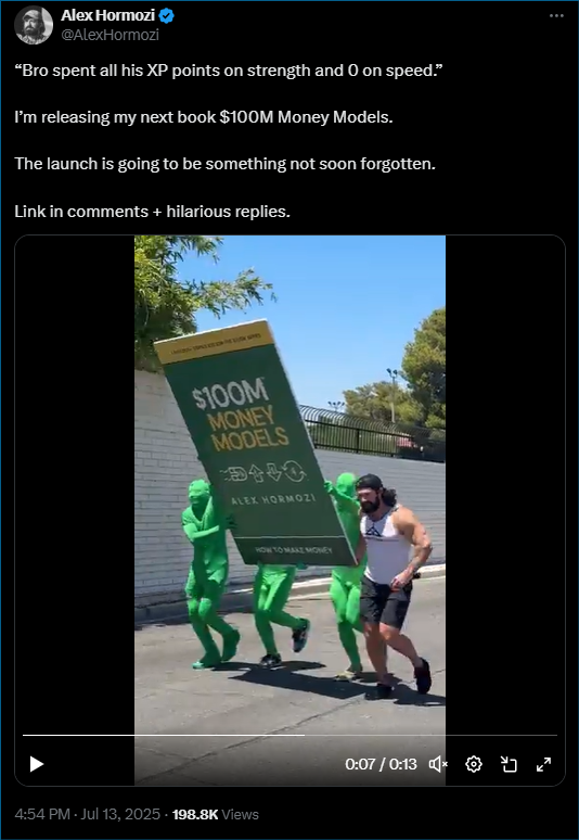 Alex Hormozi social post teasing the $100M Money Models launch, with an embedded video
