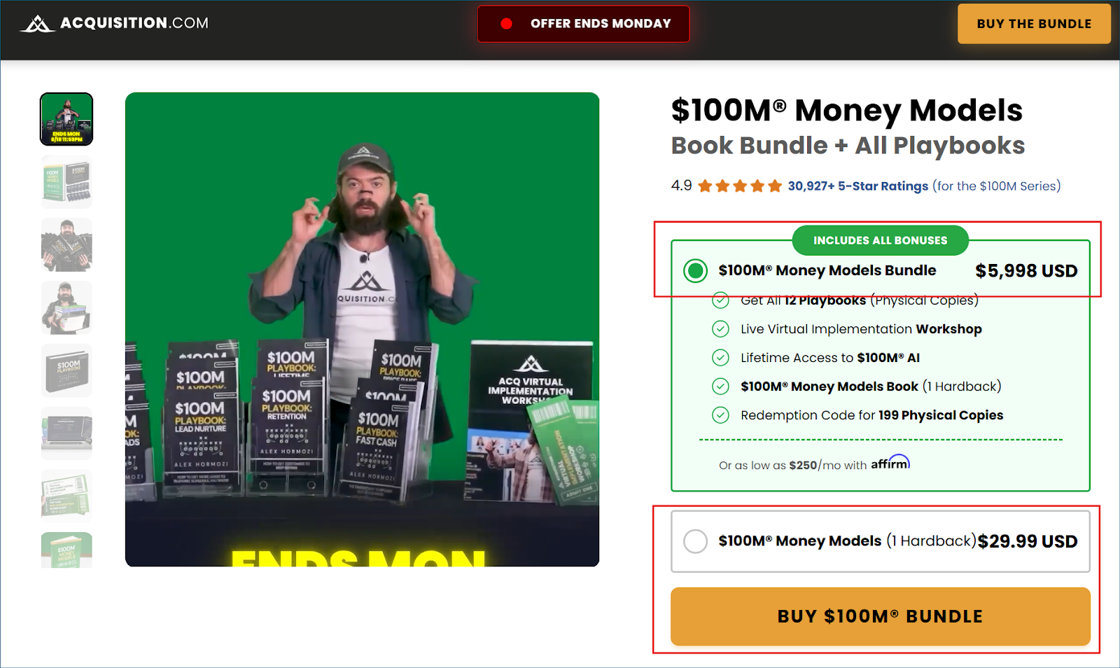 Acquisition.com order page showing the tiered $100M Money Models book and playbook bundle