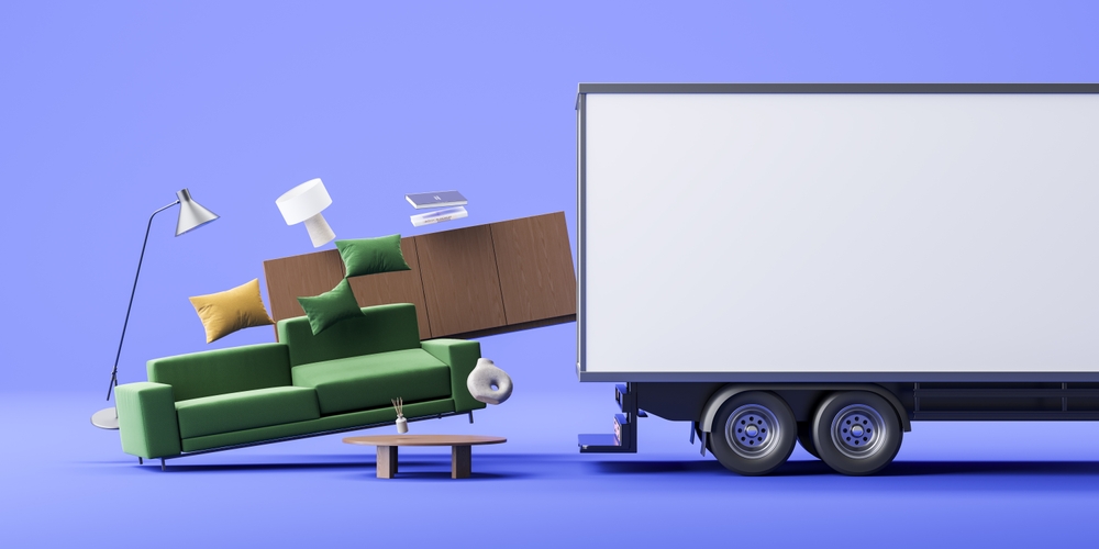 Creative 3D illustration of furniture being loaded into a moving truck, including a green sofa, lamps, pillows, and shelves, symbolizing home relocation services – proper of moving company marketing visuals.
