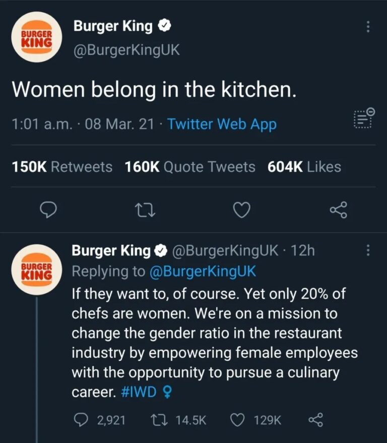 Screenshot of Burger King UK's Women belong in the kitchen tweet and its follow-up reply