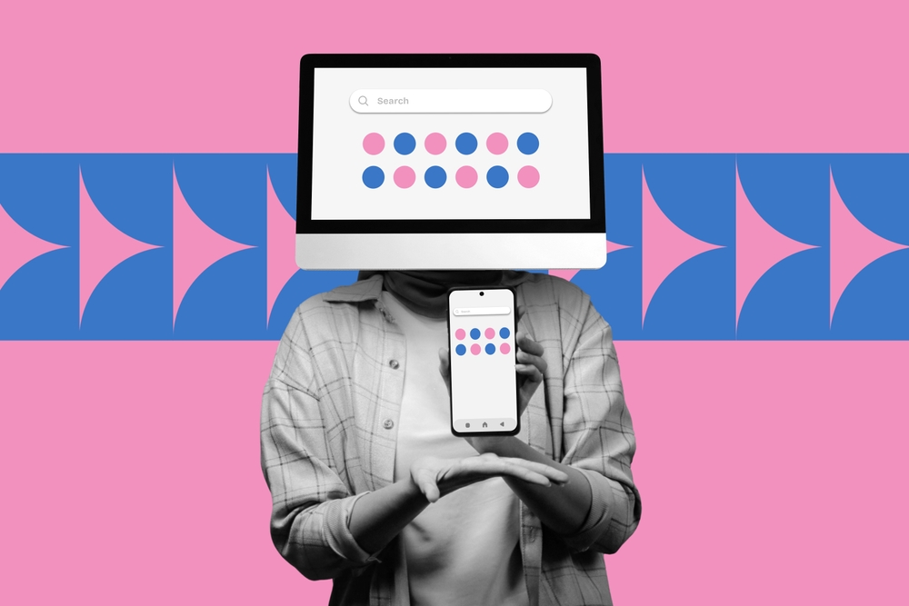 Creative illustration of a person holding a smartphone with a computer screen for a head, symbolizing saas inbound marketing across devices, search behavior, and multi-channel digital engagement.