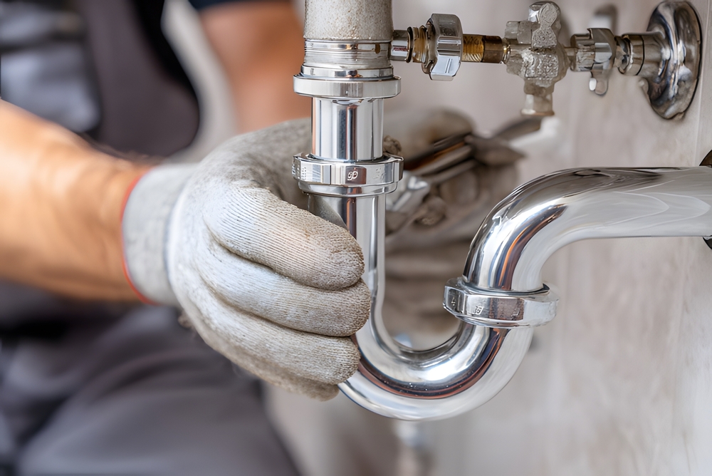 Licensed plumber working on household plumbing repairs, a visual example often used in plumbing marketing.