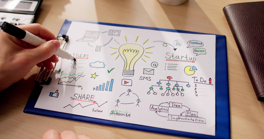 Businessman drafting a one-page demand generation plan on paper
