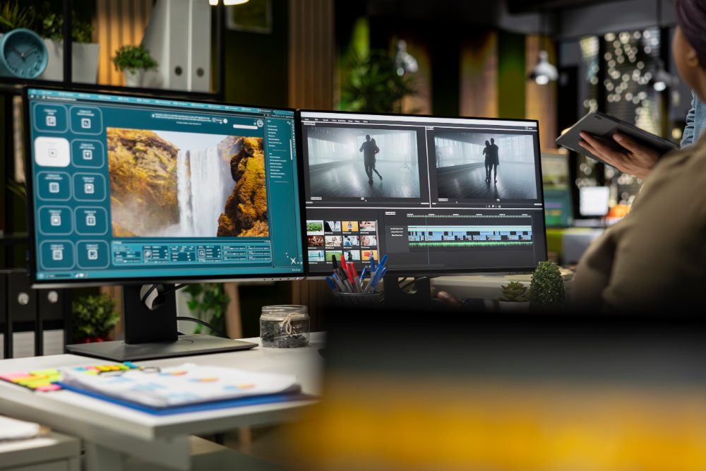 Video editor cutting interview footage into short clips on dual monitors as part of a video content marketing strategy.